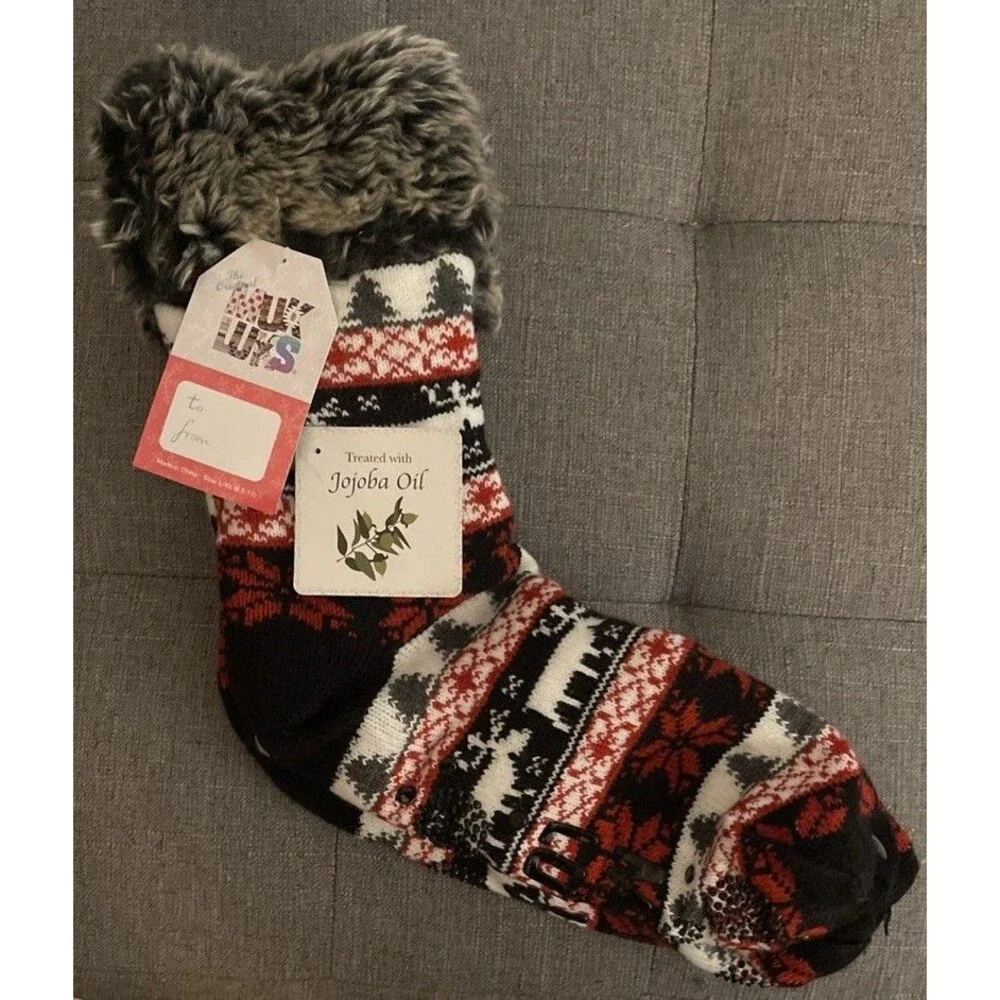 MUK LUKS Woman's Jojoba Oil Cabin Sherpa Socks L XL 8.5 - 11 Red Fair Isle